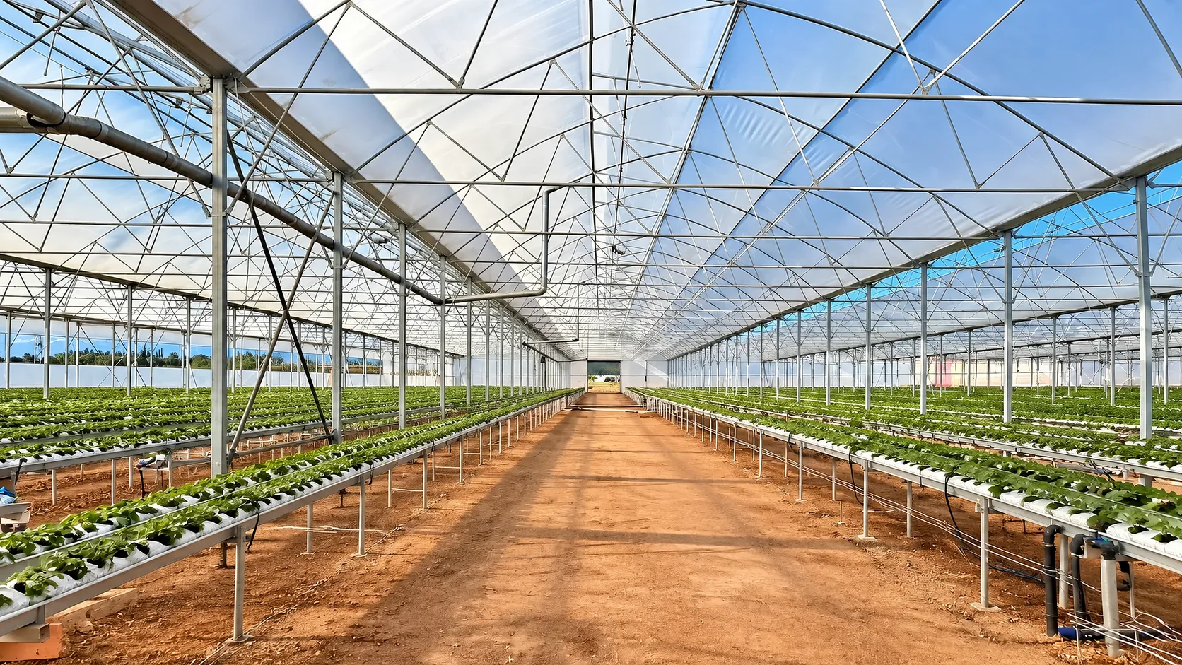 Gold Family Farm serasının içi: beyaz oluklarda sıra sıra çilek fideleri
